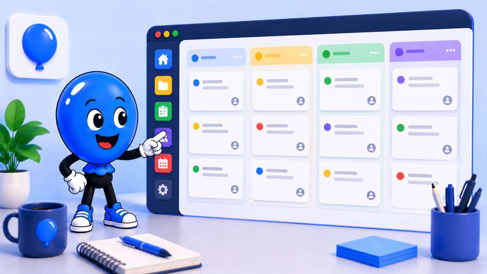 weballoon logo beside Ballonie looking at a digital map of the world. As Ballonie clicks on different cities—London, New York, Sydney—the search results in the weballoon sidebar update instantly to show local ads and organic rankings for those specific regions.