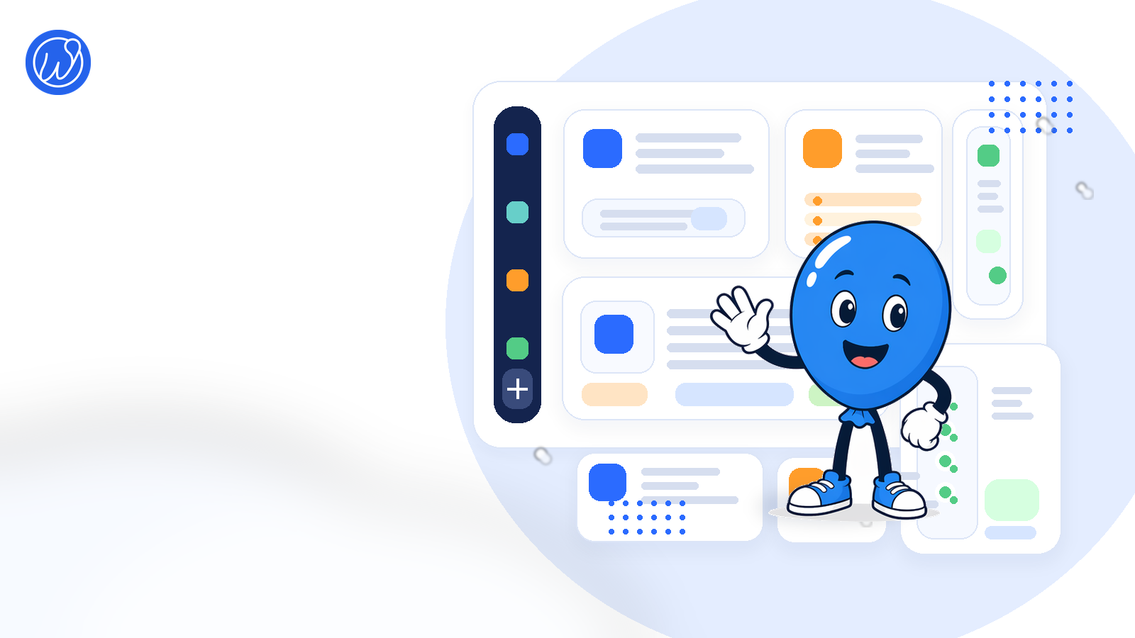 Ballonie a apresentar painéis separados de investigação, administração e comunicação numa cena calma de workspace.