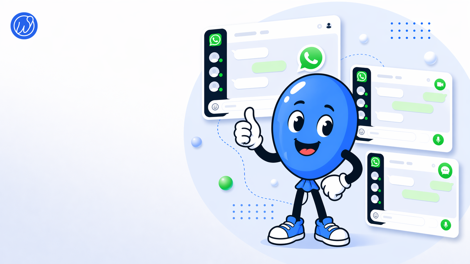 weballoon-Logo neben Ballonie und mehreren messaging-orientierten Workspaces im WhatsApp-Stil.