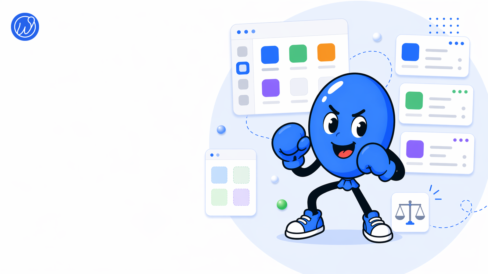 weballoon-Logo neben Ballonie mit Boxhandschuhen und mehreren Vergleichspanels für Desktop-Apps.