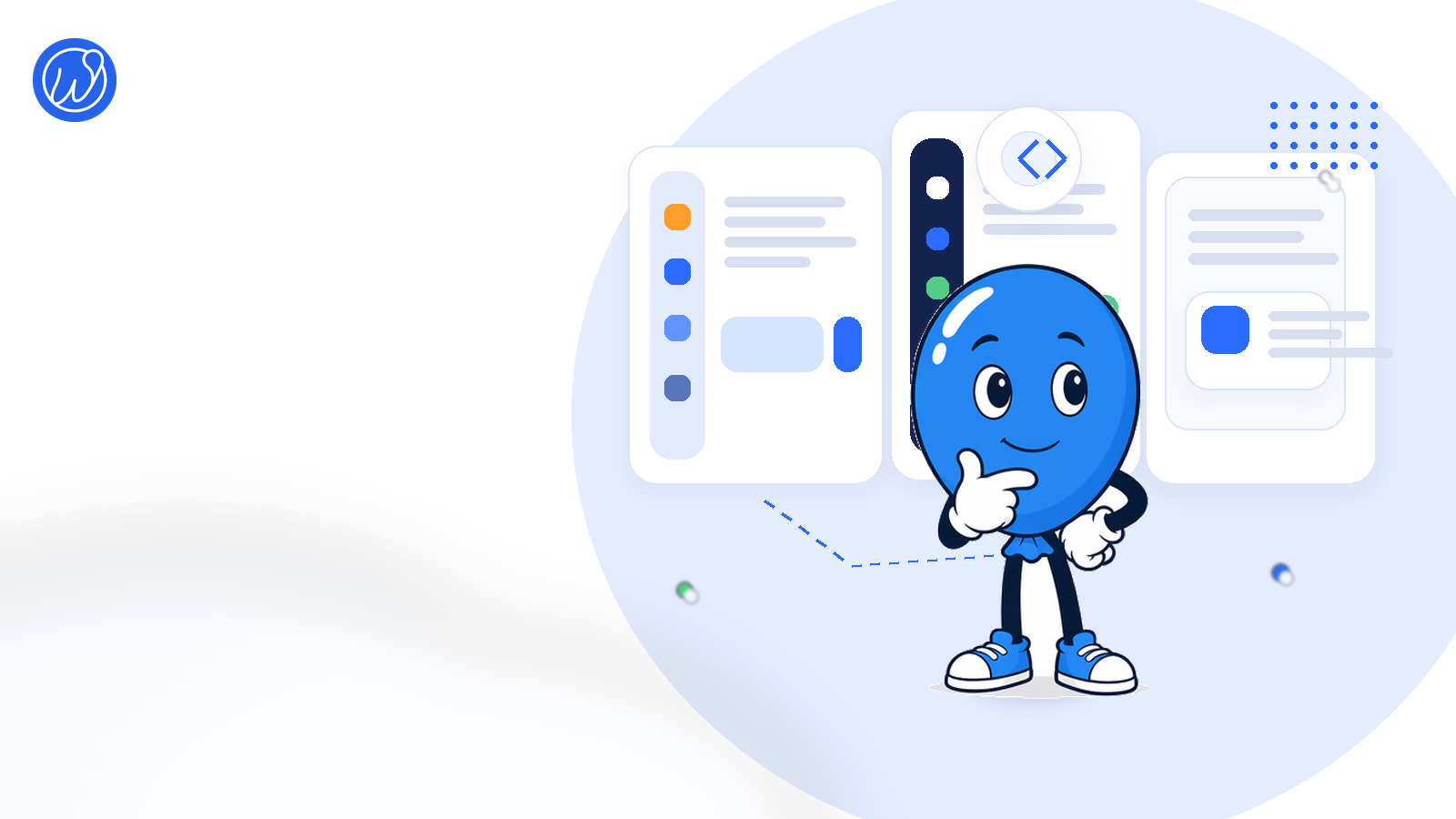 Ballonie a pensar ao lado de três painéis de comparação para workflows desktop multi-conta.