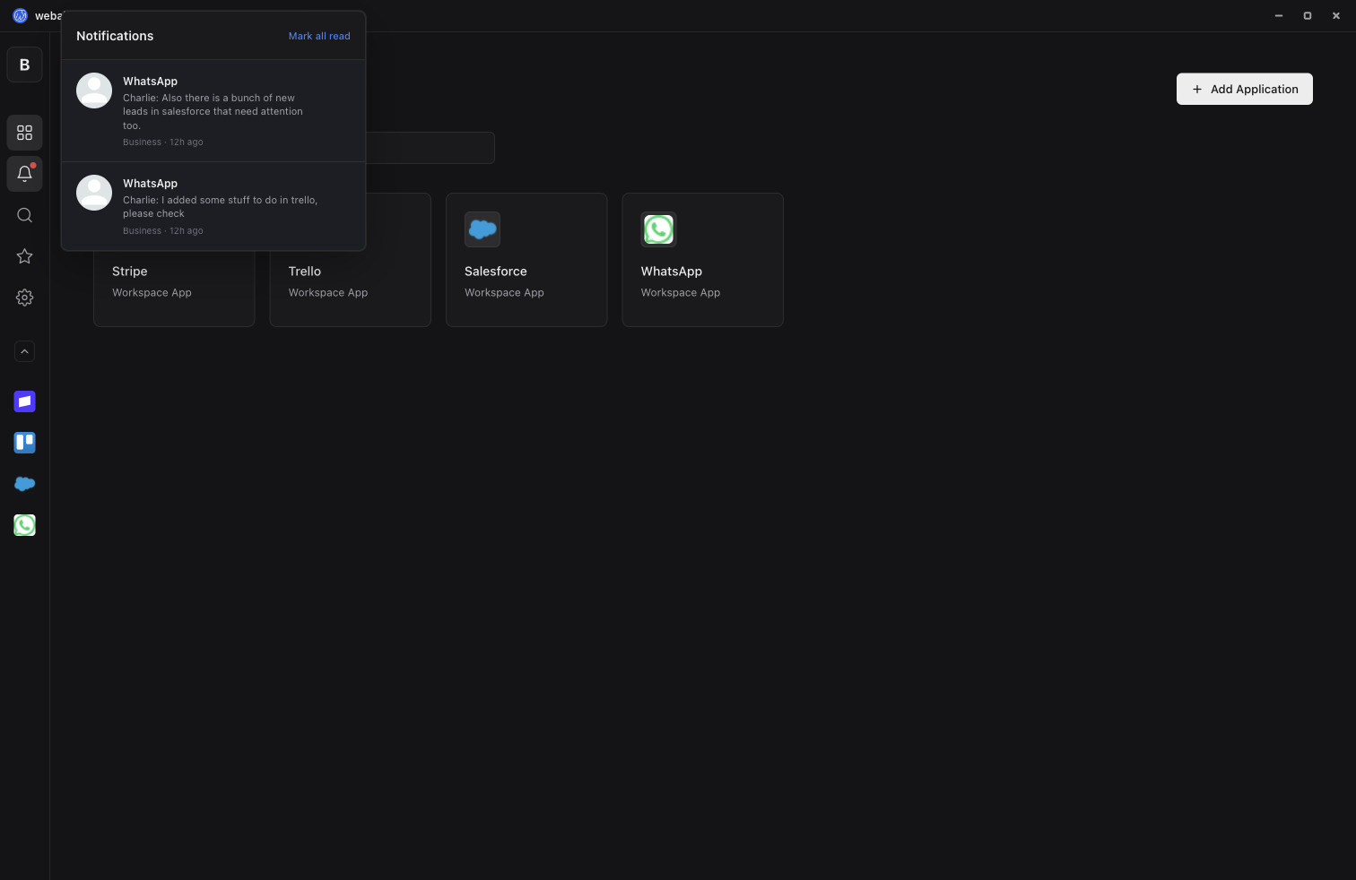 weballoon notification panel with application notifications