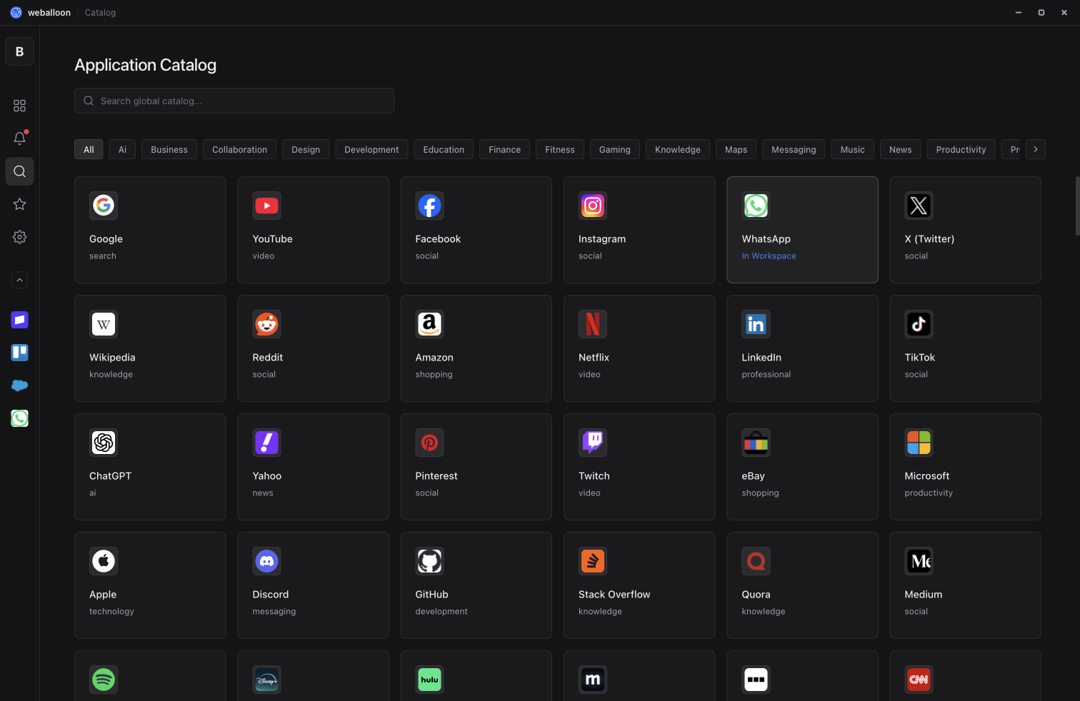 weballoon application catalog inside the desktop app