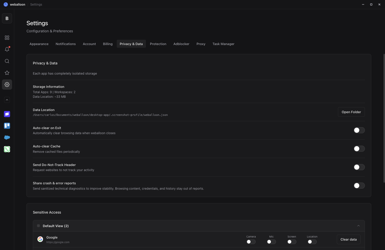 weballoon privacy and data settings