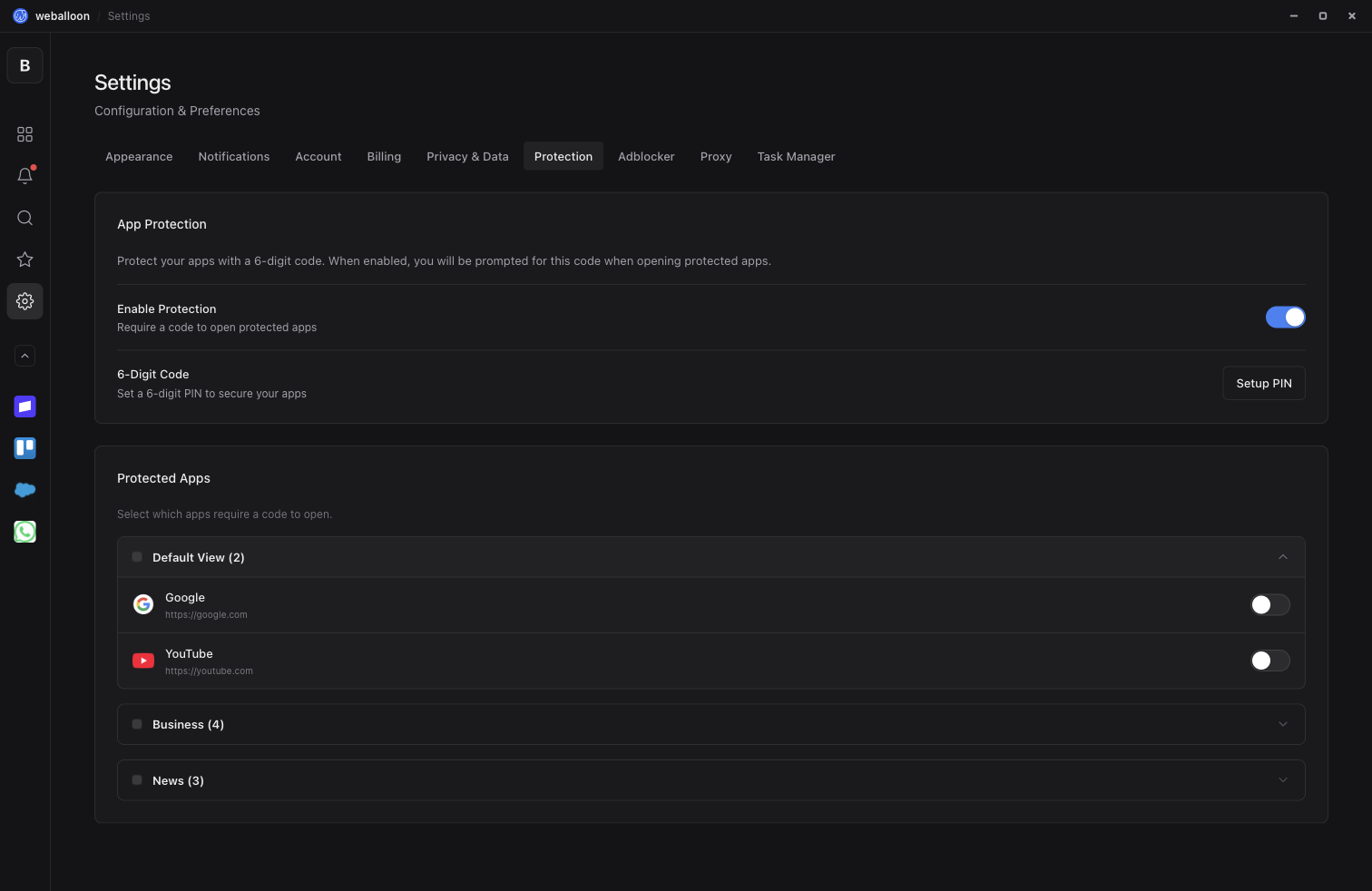 weballoon protection settings for sensitive access