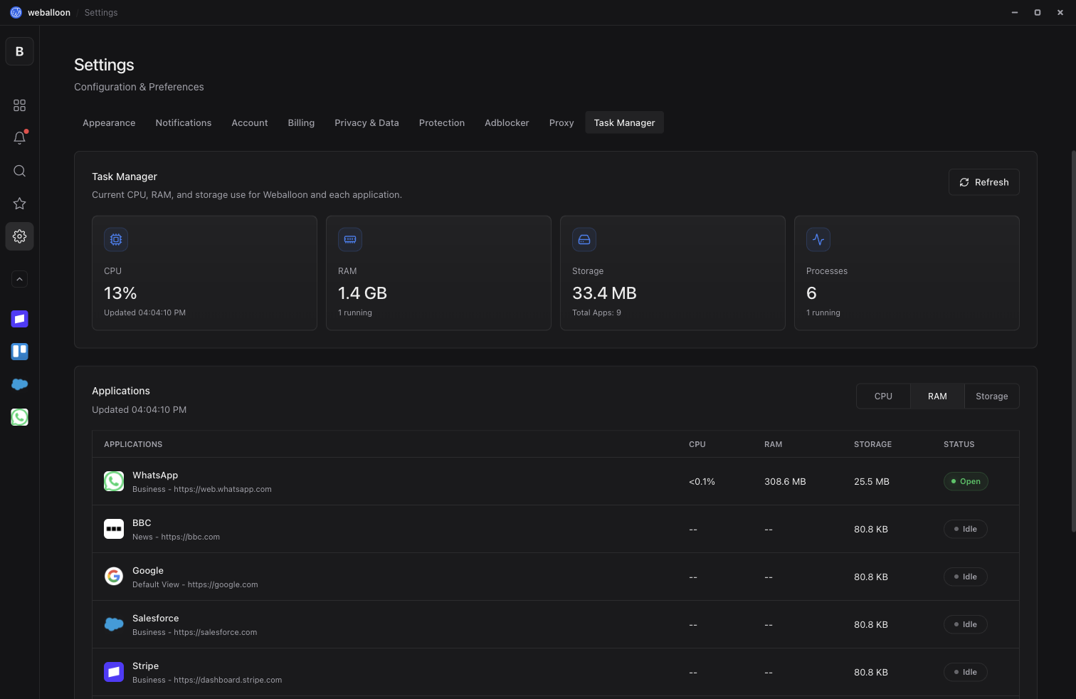 weballoon Task Manager showing CPU, RAM, storage, processes, and application usage